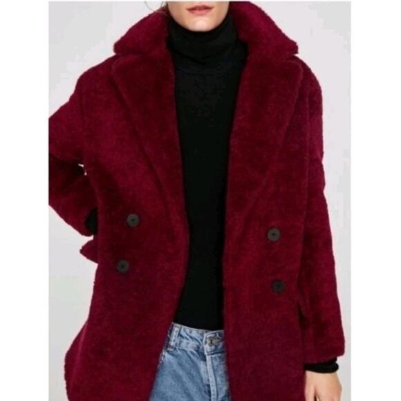 Zara Burgundy Wool Blend Double Breasted Thick Outdoor Pea Coat Size Small - Picture 2 of 9
